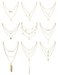 Kakonia 9 Pcs Layered Choker Necklaces Set for Women Multiple Multilayer Chain Y Necklaces Charm Tiered Long Choker Necklaces Adjustable Gold Tone