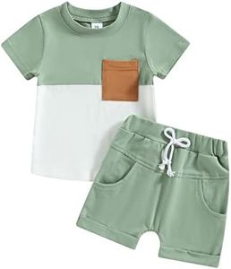 Toddler Baby Boy Summer Clothes Short Sleeve Contrast Color Pocket T-Shirt Tops Solid Color Drawstring Shorts Outfit Set, Green, 12-18 Months