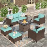 HERA'S HOUSE Patio Furniture Sets with Fire Pit Table, 6 Pieces Outdoor Sectional Sofa Couch Conversation Set with Waterproof Cushions for Lawn Poolside Backyard, Brown/Blue