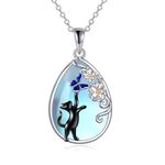 YAFEINI Black Cat Necklace Sterling Silver Cat Moonstone Pendant Necklace Flower Butterfly Jewellery Birthday Gifts for Women Teen Girls (Cat Necklace)