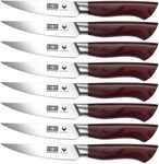 HOSHANHO Steak Knife Set 8 Pieces, 4.5 Inch Super Sharp High Carbon Stainless Steel Steak Knife Set, Professional Serrated Cutting with Ergonomic Wood Handle