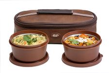 KOI Bitebox Set of 2 Horizontal Lunch Box: Leak Proof & Microwave Safe, 2 Inner Steel Containers (450ml), Insulated Fabric Bag for Full Meal, Easy to Carry (Mempis Brown)