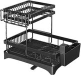 Dratal Large Dish Drying Rack, 2-Tier Dish Racks for Kitchen Counter, Dish Drainers with Utensil Holder, Kitchen Gadgets with Drainboard & Cup Holders, Black (RACK - 570)