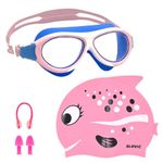 SLOVIC Pink Swimming Goggles & Red Rose Fish Printed Swimming Caps for Kids | Waterproof | Anti-Fog Glasses | Perfect Fit for Boys & Girl | Swimming Caps for Kids 6-14 | No Hair Pulling, Free Size Cap