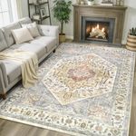 Area Rug Washable Living Room - 6x9 Vintage Carpet for Bedroom Dining Room Office Machine Wash Non Slip Soft Low Pile Rug for Indoor Floor Farmhouse College Dorm (Turmeric/Grey,6'x9')