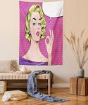 Ambesonne Vintage Tapestry, Pop Art Blonde Woman Making OK Sign on Dotted Background Retro Comic Book Design, Wall Hanging for Bedroom Living Room Dorm Decor, 60" X 80", Pink Blue