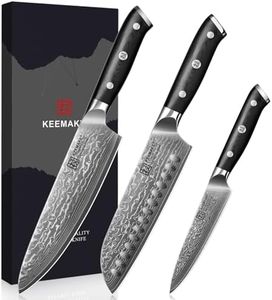 KEEMAKE Set Couteaux de Cuisine Professionnel, Couteau Cuisine Damas 67 Couches Santoku Japonais 178mm Office 127mm Chef 200mm Poignée G10, Coffret Cadeau Restaurant