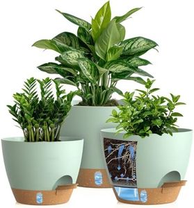 KUGAZ Self Watering Pots with Drainage Holes, 3 Pack 12/10/8 Inch Plant Pots with Water Level Indicator Deep Reservoir, Large Plastic Planter for Indoor Outdoor Plants - Green Brown
