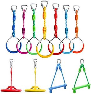 Rainbow Craft Ninja Warrior Obstacle Course Accessories Ninja Kids Outdoor Play - 7pc Ninja Rings, 2pc Swing Trapeze Wheels & 2pc Ninja Monkey Bars - Without Ninja Warrior Slackline