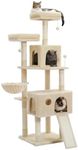 PAWZ Road 162cm Cat Tree with Sisal-Covered Scratching Posts, Cat Tower for Large Cats with Spacious Hammock and 2 Top Perchs, and Replaceable Dangling Balls Beige