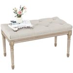 Yusong Upholstered Bench,Bedroom Bench for End of Bed,Piano Bench Dining Bench Entryway Shoe Bench with Button Tufted Padded Seat for Living Room, Vanity Bench Foot-Stool with Carved Wood Legs,Beige