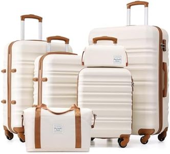 LONG VACATION 6 Piece Luggage Set Carry on Suitcase with ABS+PC hardshell, Spinner Wheels & YKK Zipper TSA Lock (BEIGE-BROWN, 6 piece set)