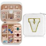 Letter V - Custom Jewelry Box with Initial Letter & Name, Portable Mini Jewelry Travel Case, Graduation Gifts Thanksgiving Christmas Gifts Birthday Gifts for Her Wedding Bridesmaid Proposal