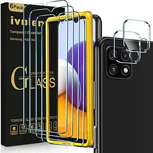 ivoler 4 Piezas Protector de Pantalla Compatible con Samsung Galaxy A22 5G con [2 Piezas] Protector de Lente de Cámara y Marco de Instalación Fácil, Cristal Vidrio Templado Premium