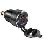 iMESTOU Aluminum QC3.0 Motorcycle European DIN Plug to Dual USB Charger Adapter Quick Charge 3.0 with Voltmeter Compatible with BMW Triumph Tiger Ducati