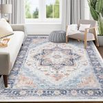 SHACOS Vintage Washable Area Rug for Living Room 120x170CM Large Rug Non Slip Blue Bedroom Rug Ultra-Thin Lightweight Rug Traditional Print Boho Floor Carpet for Kitchen Kids Room Dining Room, Blue