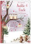 Auntie & Uncle Christmas Card - Owls on Tree Branch with Red Foil 7.75x5.5"