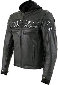Xelement XS1504 Men's ‘Futile’ Black Leather CE Armored Motorcycle Hooded Jacket with Reflective Skulls - Large