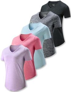 5 Pack: Womens Dry Fit Workout Shirts, Short Sleeve Athletic Gym Tshirts, Ladies Active Long Tees Bulk, Pink/Lavender/Baby Blue/Gray/Black, X-Large