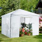 COSTWAY Pop-up Walk in Greenhouse, Height Adjustable Portable Grow House with PE Cover, Windows & Roll-up Doors, Steel Frame Mini Green House for Garden Backyard (White, 300x300x255-275cm)