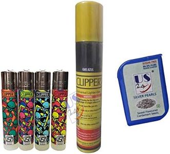 Clipper Bundle Pack - 4 Clipper Lighters Skulls Collection with 1 no. Clipper Gas Refill Can 100ML