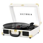 Victrola Vintage 3-Speed Bluetooth Suitcase Turntable with Speakers, White/Gold (Limited Edition)