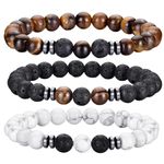 Natrual Stone Bracelets for Men Gifts - 8mm Beaded Tiger Eye Bracelet Lava Rock Bracelet, Stress Relief Bracelets Mens Jewelry Gifts for Dad Grandpa Husband Brother, No Gemstone