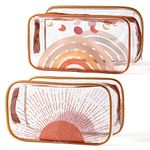 Y1tvei 2Pcs Boho Rainbow Sunshine Clear PVC Makeup Bag Brown Rainbow Boho Plastic Cosmetic Toiletry Bag Transparent Zipper Makeup Case Portable Waterproof Clutch Purse Travel Organizer for Women Girls