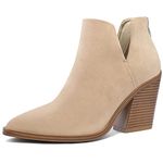 mysoft Women's Ankle Boots Slip on Cutout Pointed Toe Chunky Stacked Mid Heel Booties, Tan, 7.5