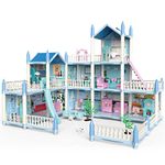 deAO DIY 3D Dolls House, Blue Portable Dollhouse Large Three Story Castle Dolls House Playset With Furniture & Accessories Included Outdoor Space Open Sided Princess Castle Playset For Kids