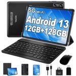 DQMAKZ Tablet 10.1 Inch Android 13 with 12GB RAM + 128GB ROM (Expand to 1TB), GPS, 5G Wi-Fi, 8 Core CPU, 5MP + 8MP, Bluetooth 5.0, USB-C Tablet with Keyboard + Mouse, Black