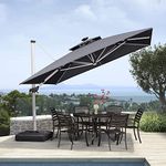 PURPLE LEAF 3 X 3 M Garden Cantilever Parasol with Led Solar Lights Bar, Large Square Overhanging Patio Umbrella with Crank Handle and Tilt for Balcony and Outdoor, Grey