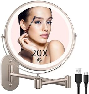 Rechargeable Wall Mounted Lighted Makeup Vanity Mirror 8 inch 1X/10X Magnifying Mirror with 3 Color Lights, Double Sided Bathroom Mirror with Dimmable LED Lights, Shaving Light up Brush Nickel
