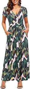 OUGES Women's V-Neck Pattern Pocket Maxi Long Dress(Floral-29,S)