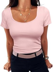 Aottori Camiseta Verano Mujer Manga Corta Camisas Tops Elegante Cuello Cuadrado Punto Camisetas Casual Sólido Básico T-Shirt Rosa S