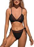 Charmo Women Mesh Bikini Set Adjustable Straps Bikini Top and Side Tie Bottom Padded 2 Piece Swimwear Black L