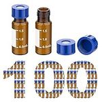 100 Pack Membrane Solutions Autosampler Vials 2ml HPLC Vials 9-425 Vial Amber Glass Bottles with Write-on Spot and Graduations and 9mm Blue ABS Screw Caps & Pre-Slit Septa