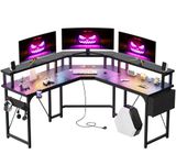 Devoko L Shaped Desk with Power Outlets，LED Corner Gaming Desk Corner Desk with Shelves, Large PC Writing Table for Home Office Bedroom,Monitor Stand, Hooks, Carbon Fibre Black