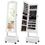 Happygrill Full Length Jewelry Armoire with Wheels, Lockable Jewelry Organizer with 3-Position Adjustable Angle, 6 LEDs & Bottom Drawers, Standing Jewelry Cabinet for Girls Women (White)