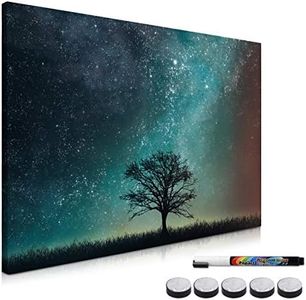 Navaris Magnetic Dry Erase Board - 16 x 24 inches Decorative White Board for Wall with Design, Includes 5 Magnets and Marker - Starry Sky and Tree