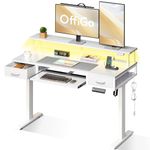 OffiGo Standing Desk, Height Adjustable Desk with Keyboard Tray, 120cm Adjustable Desk with Monitor Stand, Computer Desk with Drawers, Gaming Desk Height Adjustable with Sockets and Light Bar, White