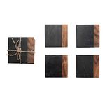 Creative Co-Op Marble and Acacia Wood 2-Tone, Black and Natural, Set of 4 Coaster