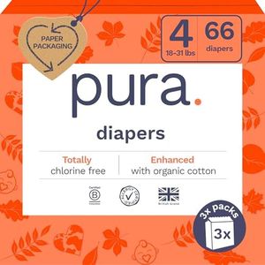 Pura Size 4 Diapers, 66 Count, Unisex, Organic Cotton, Leak-Free, Plant-Based, Dermatologically Tested, Allergy-Certified, Carbon Neutral, B-Corp