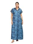 9shines Label Luxurious Cotton Blend Green Nighty | Floral Print Nighty Gown for Women || Soft, Wrinkle-Free Fabric, Stylish Design | Pocket on The Right Side (703MPV-Blue Medium)