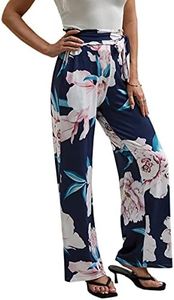ECOWISH Palazzo Pants for Women Wide Leg Flare Beach Floral Pants Flowy Breathable Loose Fit Trousers 185 Navy Blue Leaf Pink Flower Medium
