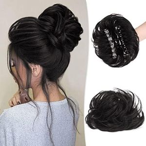 RUWISS Moño Postizo Desordenado con Pinza para Extensiones de Coleta 100% Cabello Humano Ondulado y Rizado Scrunchies de Cabello Humano Genuino con Clip para Mujeres Niñas (Negro Natural)