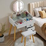 CLIPOP Dressing Table with LED Lights,Bedroom Vanity Makeup Desk with Clear Tempered Glass Tabletop and Drawer Storage,Cushioned Stool for Women Girl Gift