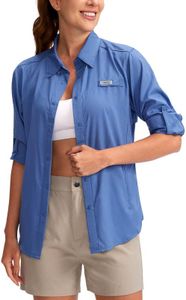 Womens Sun Protection Fishing Shirt with Zipper Pockets Lightweight SPF Long Sleeve Shirts for Hiking Safari, Grey Blue, Small