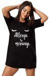 Ex Ann Summers Ladies Eyelash Allergic to Mornings Oversize Cotton Nightshirt Tee, Black (Small)