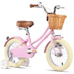 Glerc 14 Inch Kids Girls Bike for 3 4 5 Years Old Little Girls Retro Vintage Style Bicycles with Basket Stabilisers,Stabilisers and Bell, Color Pink